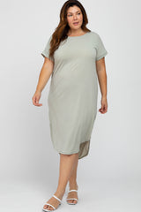 Light Olive Short Cuffed Sleeve Hi-Low Plus Dress