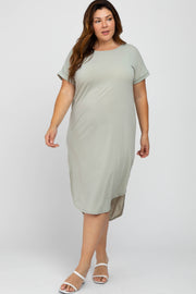 Light Olive Short Cuffed Sleeve Hi-Low Plus Dress