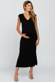 Black Ruffle Sleeve Side Slit Maternity Maxi Dress