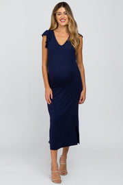 Navy Ruffle Sleeve Side Slit Maternity Maxi Dress