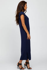 Navy Ruffle Sleeve Side Slit Maxi Dress