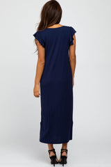 Navy Ruffle Sleeve Side Slit Maxi Dress