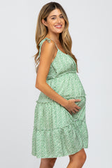 Green Floral Sleeveless Tiered Maternity Mini Dress