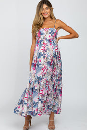 Multi-Color Tropical Floral Ruffle Hem Maternity Maxi Dress