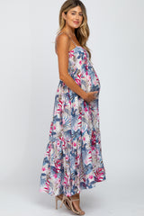 Multi-Color Tropical Floral Ruffle Hem Maternity Maxi Dress