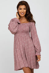 Plum Floral Smocked Peasant Sleeve Dress