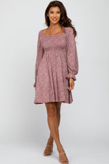 Plum Floral Smocked Peasant Sleeve Dress