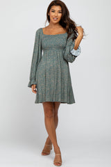 Teal Floral Smocked Peasant Sleeve Dress