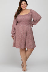 Mauve Ditsy Floral Print Smocked Maternity Plus Dress