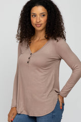 Mocha Button Accent Long Sleeve Top