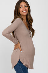 Mocha Button Accent Long Sleeve Maternity Top