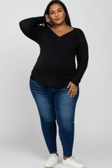 Black Button Accent Long Sleeve Maternity Plus Top