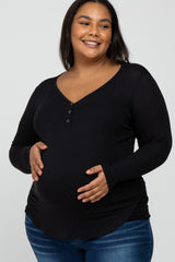 Black Button Accent Long Sleeve Maternity Plus Top