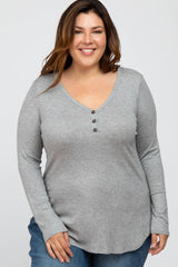 Heather Grey Button Accent Long Sleeve Maternity Plus Top