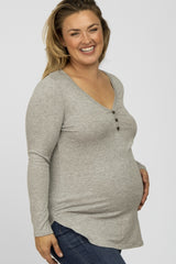 Heather Grey Button Accent Long Sleeve Maternity Plus Top