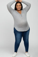 Heather Grey Button Accent Long Sleeve Maternity Plus Top