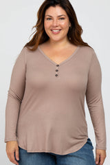 Mocha Button Accent Long Sleeve Maternity Plus Top