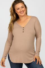 Mocha Button Accent Long Sleeve Maternity Plus Top