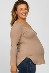 Mocha Button Accent Long Sleeve Maternity Plus Top