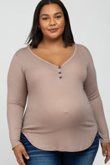 Mocha Button Accent Long Sleeve Maternity Plus Top