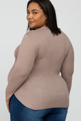 Mocha Button Accent Long Sleeve Maternity Plus Top