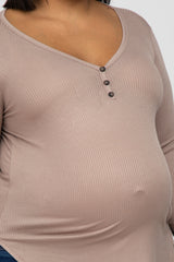 Mocha Button Accent Long Sleeve Maternity Plus Top