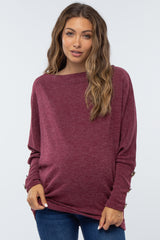 Burgundy Soft Knit Wide Neck Dolman Button Sleeve Maternity Top