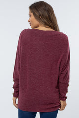 Burgundy Soft Knit Wide Neck Dolman Button Sleeve Maternity Top