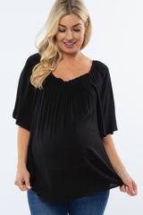 Black Linen Smocked Short Sleeve Maternity Top