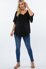 Black Linen Smocked Short Sleeve Maternity Top