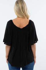 Black Linen Smocked Short Sleeve Maternity Top