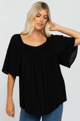 Black Linen Smocked Short Sleeve Maternity Top