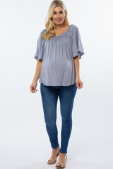 Grey Linen Smocked Short Sleeve Maternity Top