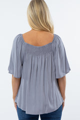 Grey Linen Smocked Short Sleeve Maternity Top