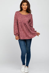 Mauve Leopard Print Long Sleeve Babydoll Top