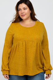 Yellow Textured Knit Babydoll Long Sleeve Plus Top