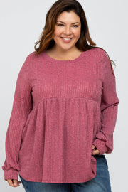 Mauve Textured Knit Babydoll Long Sleeve Plus Top