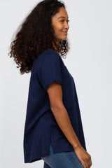 Navy Eyelet Accent Short Sleeve Top