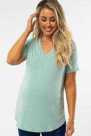 Mint Green V-Neck Maternity Short Sleeve Round Hem Top