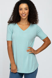 Mint Green V-Neck Short Sleeve Round Hem Top