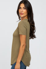 Light Olive V-Neck Short Sleeve Round Hem Top