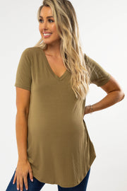 Light Olive V-Neck Maternity Short Sleeve Round Hem Top