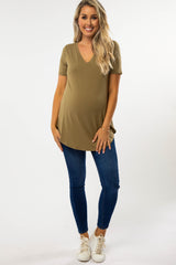 Light Olive V-Neck Maternity Short Sleeve Round Hem Top