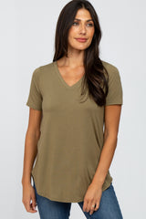 Light Olive V-Neck Maternity Short Sleeve Round Hem Top