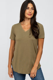 Light Olive V-Neck Short Sleeve Round Hem Top