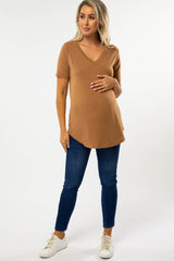 Camel V-Neck Maternity Short Sleeve Round Hem Top