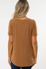 Camel V-Neck Maternity Short Sleeve Round Hem Top