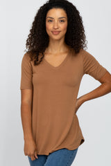 Camel V-Neck Maternity Short Sleeve Round Hem Top