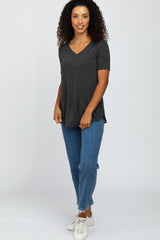 Charcoal V-Neck Short Sleeve Round Hem Top