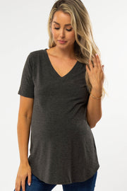 Charcoal V-Neck Maternity Short Sleeve Round Hem Top